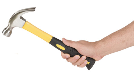 Hand with hammer. House repair and renovation, industrial equipment, woodwork and carpentry. Isolated cut out