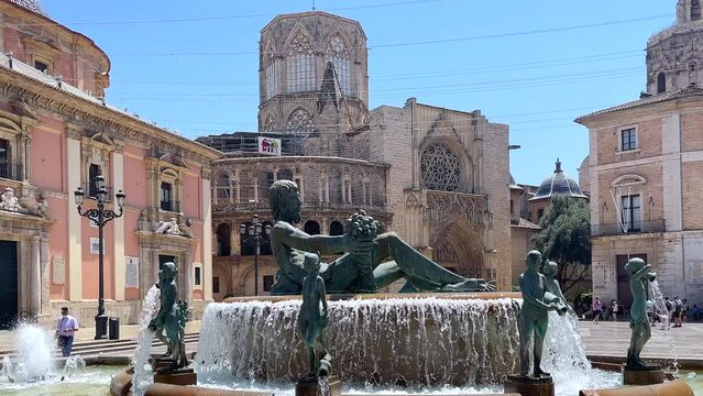 Turia Fountain in the Virgin Square in Valencia, Spain. Medieval architecture