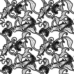 Ornate Japanese inspired black and white repeating seamless tile pattern