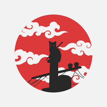 silhouette Japanese ninja cat illustration vector