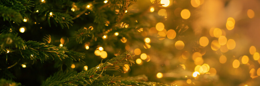 christmas tree banner with a garland of lights on a blurred background
