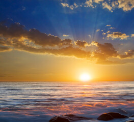 stormy sea coast at the sunset, seascape evening scene