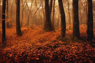 Fototapeta na wymiar Autumn Orange Landscape with trees and leaves