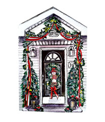 Fototapeta na wymiar Watercolor illustrations of entrance to house decorated in Christmas style with Christmas wreath on the door and garlands with flashlights.Christmas greeting card.
