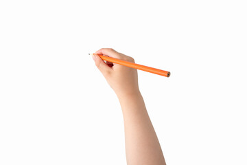 High angle shot of child hand draws a orange pencil with white background - Powered by Adobe