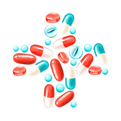 Pill cross. Watercolor illustration. Isolated on a white background.