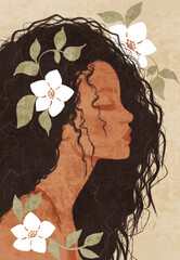 Elegant girl in profile in boho authentic modern style. Girl in white flowers. The concept of beauty, femininity and tenderness. Modern contemporary illustration for a poster or postcard - 528028383