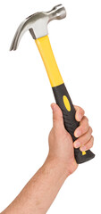 Man's hand holding a yellow hammer isolated cut out
