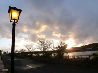 Morning glow and atmospheric street lights