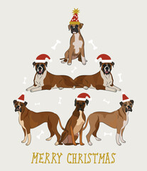 Merry Christmas greeting card with cute funny Boxer dogs wearing winter hats. Cute funny dogs. Character design. Abstract Christmas tree. Vector illustration.