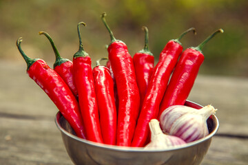 Red chili peppers on the table. Composition of red chili peppers and other spices. The concept of...