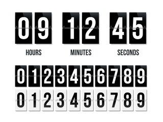Countdown clock display with black and white nubers set. Vector date counter flip board isolated on white bacground