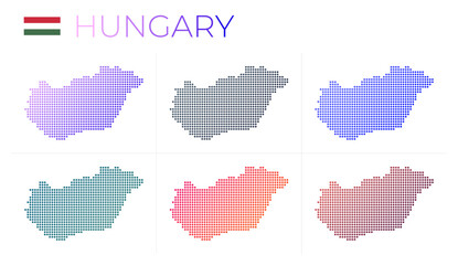 Fototapeta na wymiar Hungary dotted map set. Map of Hungary in dotted style. Borders of the country filled with beautiful smooth gradient circles. Captivating vector illustration.