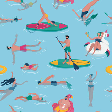 Summer swim pattern, float people. Swimmer characters isolated on blue background, woman and man surfing in ocean. Decor textile, wrapping paper, wallpaper, print design. Vector illustration