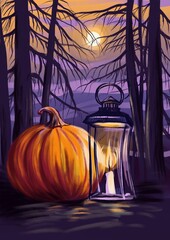 orange pumpkin and vintage candle lamp in deep dark spooky forest, drawing halloween card, mystery landscapebackground, hand drawn illustration