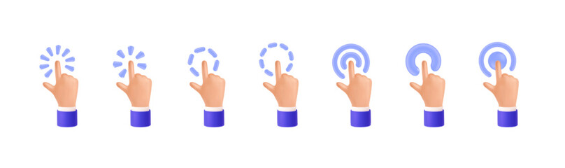 3D hands click cursor. Finger render touch emoji elements. Human forefinger pushing sensor button. Emoticon expression. Pointing of greeting arm. Body gesture signs. Vector web icons set - obrazy, fototapety, plakaty