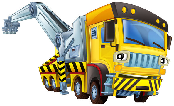 recommend clip art: cartoon scene with tow truck looking and smiling with snow plow on white background - illustration for children