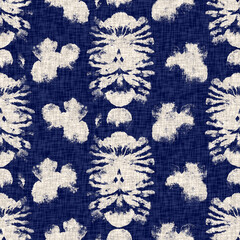  Summer indigo batik block print dyed motif seamless pattern. Fashion all over print for beach wear. Masculine shirt tie dye effect. Repeatable woven textile swatch 