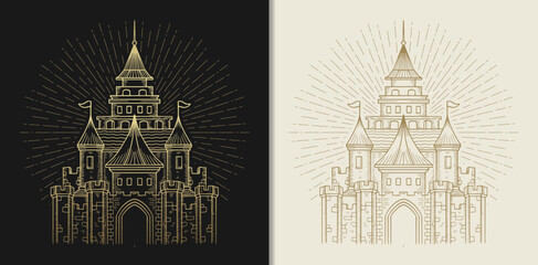 Obraz premium Fantasy castle of the king, golden hand drawn