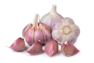 Garlic clove and bulb isolated on white background.