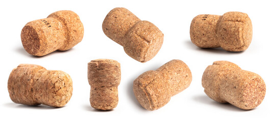 A set champagne cork stoppers isolated on white background close-up. Full focus. As a detail for...