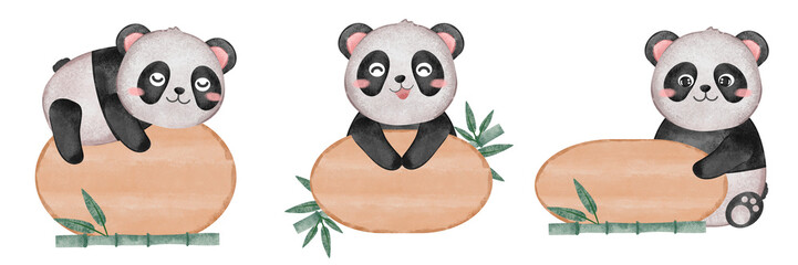 Cute Panda with Wood Sign Board, Watercolor Illustration
