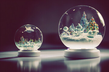 Snow globe with Christmas Scene , 
 Christmas gifts and winter holydays concept 3d rendering