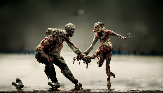 Zombi ice-skating graciously holding hands 3d rendering
