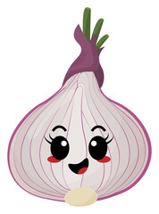 Sticker pink onion with kawaii emotions. Flat illustration of a onion with emotions without background.