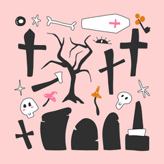 Halloween set with cute design elements. Children collection - skull, gravestone, cemetery. Ideal for cards, print, invitation, party decoration. Vector hand drawn icons on a pink background