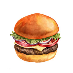 watercolor drawing fresh burger with tomatoes, onion and beef, hand drawn illustration
