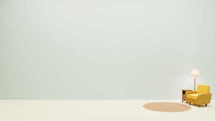 Room corner with armchair, lamp and rug, backdrop