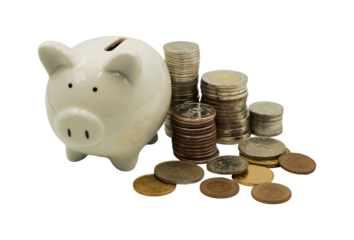 cutout of piggy bank with coins isolated with transparent background for saving investment and banking concept