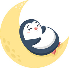 Vector children's illustration. Cute penguin sleeping on the moon. Illustration for children's print 
