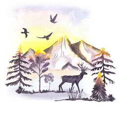 Fototapeta premium Abstract landscape watercolor background of mountains and forest