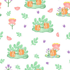 Obraz premium The fox is painted in watercolor, with flowers. Seamless pattern. In the children's style.