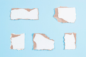 Pieces of white corrugated cardboard with torn edges arranged on light blue background. Top view, copy space
