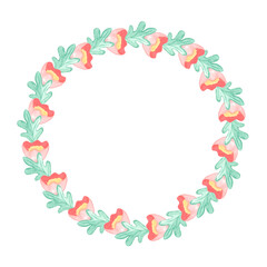 Watercolor round frame of green leaves and flowers . A wreath. Isolated on a white background.