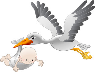 Stork delivering a newborn baby