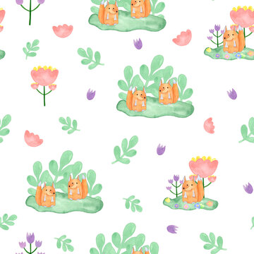 The fox is painted in watercolor, with flowers. Seamless pattern. In the children's style.