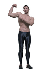 Fototapeta premium 3D Render : smiling shirtless young man wearing sport legging pants and sneakers is standing and flexing his arm muscles , PNG transparent