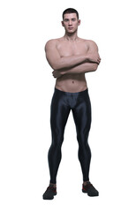 Fototapeta premium 3D Render : A emotionless shirtless young man wearing sport legging pants and sneakers is standing with arms crossing , PNG transparent