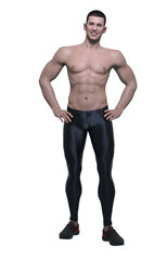 Fototapeta na wymiar 3D Render : smiling shirtless young man wearing sport legging pants and sneakers is standing with arms akimbo, PNG transparent