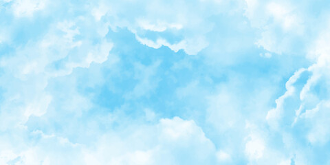 Panorama of blue sky with white clouds. Sky clouds landscape light background.White cumulus clouds formation in blue sky. sunny heaven landscape, bright cloudy sky view from airplane, copy space.><