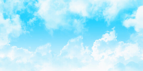Panorama of blue sky with white clouds. Sky clouds landscape light background.White cumulus clouds formation in blue sky. sunny heaven landscape, bright cloudy sky view from airplane, copy space.><