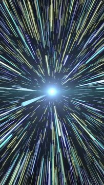 Hyperspace Travel Vertical. Travel in space with the speed of light and light beam at the end. Motion graphics 2160x3840 resolution, vertical.
