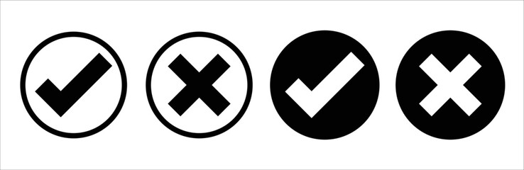 Check mark, Cross mark black icon set. Isolated checkmark symbol, right and wrong sign concept. Vector illustration. Circle. Symbol