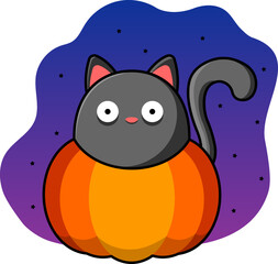 The cat looks out of the pumpkin. Flat vector illustration. Halloween illustration