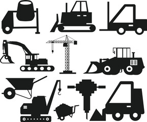 Collection of Constructions Mixer Vehicles flat isolated vector Silhouettes