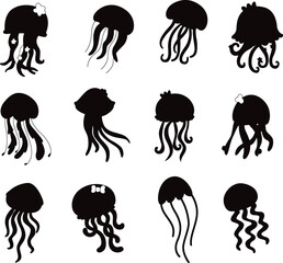 Collections of Jellyfish Underwater flat isolated vector Silhouettes